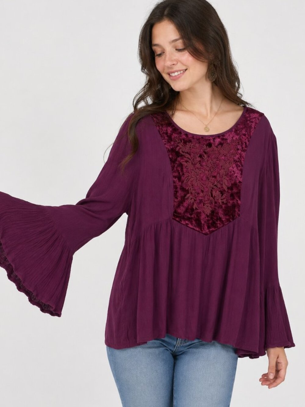 Indigo Soul Boho Blouse Womens L Purple Velvet Lace Bell Sleeve Peplum Top